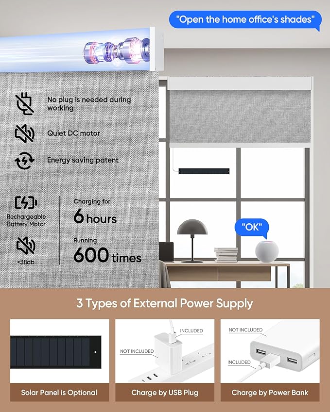 Motorized Blinds with Remote: Kincmo 100% Blackout Roller Shades Work with Apple Homekit,Alexa,Google Home, Customized Electric Blinds with App,Voice Control (100% Blackout Natural Grey)