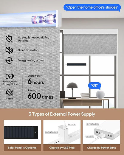 Motorized Blinds with Remote: Kincmo 100% Blackout Roller Shades Work with Apple Homekit,Alexa,Google Home, Customized Electric Blinds with App,Voice Control (100% Blackout Natural Grey)