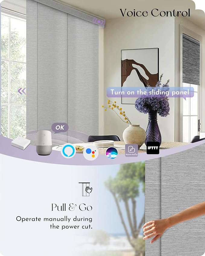 Graywind Rechargeable Smart Sliding Panels Compatible with Alexa Google Motorized Panel Track Blinds Remote Control for Patio Sliding Door Closet Door Width Up to 177" Custom Size (Jacquard Grey)