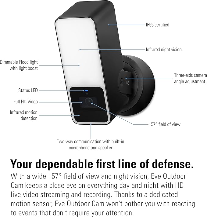 Eve Outdoor Cam – Secure floodlight Camera, Maximum Security & Privacy (HomeKit Secure Video), 1080p, Night Vision, Wi-Fi (2.4 GHz), Motion Sensor, Two-Way Communication, People/pet/Vehicle Detection