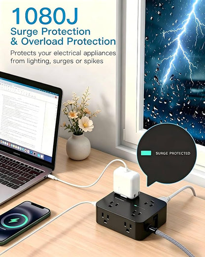 10Ft Surge Protector Power Strip, 8 Outlet 4 USB Ports(2 USB C), 1080J