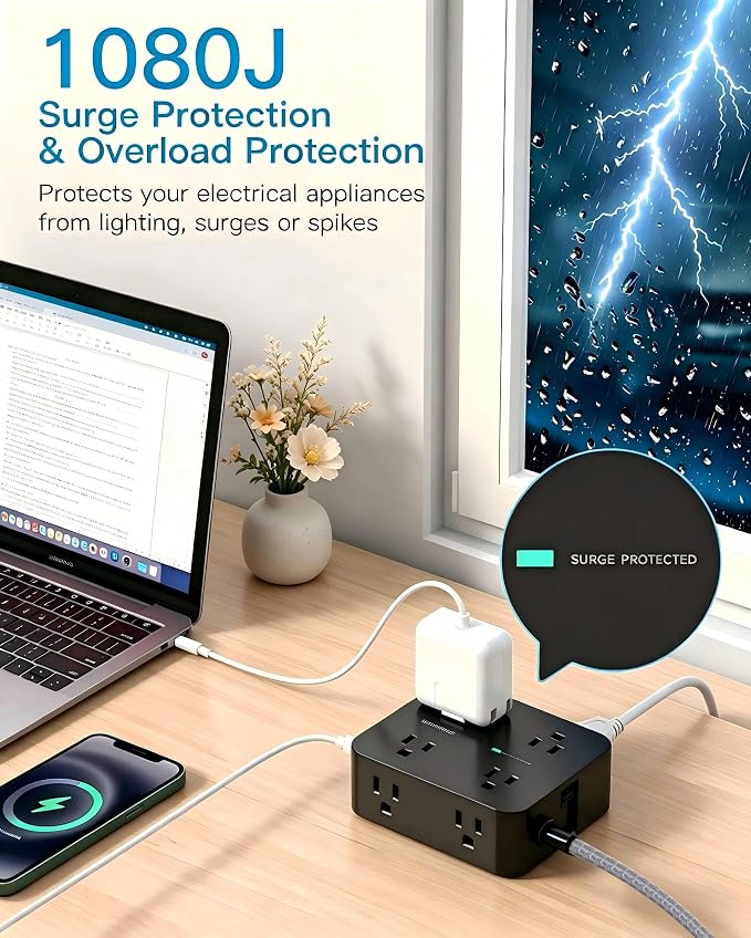 Power Strip Surge Protector, 5 Ft Flat Extension Cord with Multiple Outlets