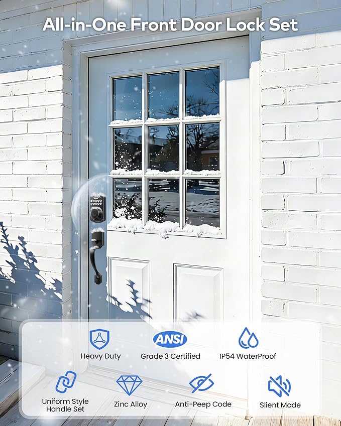 TEEHO TK001H Keyless Entry Door Lock with Handle Set, Electronic Deadbolt Keypad Door Lock with Code, Smart Locks for Front Door, Exterior Door Handle, Auto-Lock, Easy to Install, Matte Black
