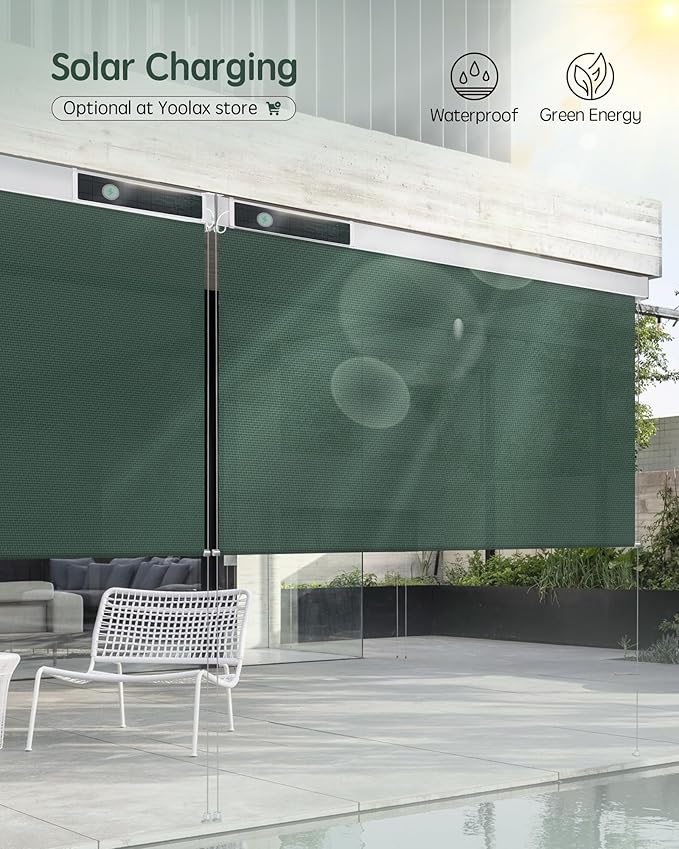 Yoolax Customized Motorized Outdoor Shades, Smart Blinds Compatible with Alexa Google, Remote Control Waterproof Blinds for Patio Porch Windows Outside (5% Openness Jade Green)
