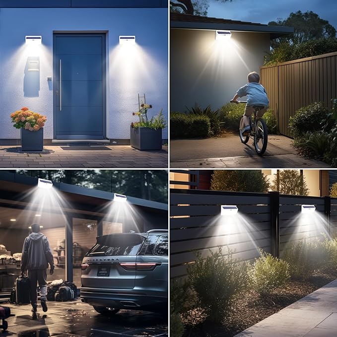 2 Pack 368 LED Solar Motion Sensor Lights Outdoor, Solar Fence Lights with 3 Lighting Modes, Solar Powered Security Lights Waterproof for Outside Yard Wall Garden Backyard Step Garage, White