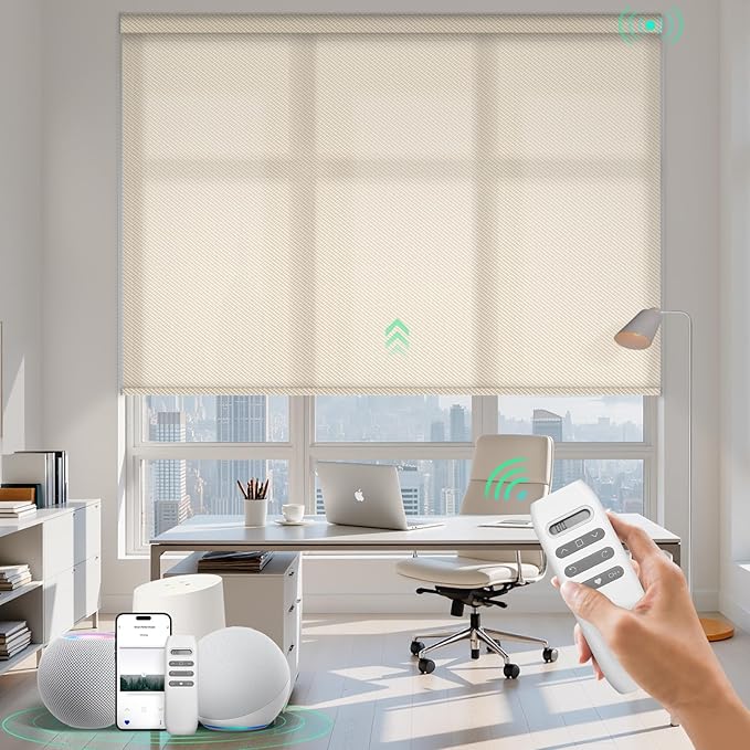 HeyBlinds Motorized Solar Shades with Remote, Light Filtering Mesh Roller Shades, Flame Retardant Smart Blinds, UV Blocking, Alexa Google HomeKit Compatible, Custom Size (Milk Cream-1% Openness)