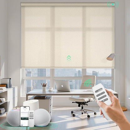HeyBlinds Motorized Solar Shades with Remote, Light Filtering Mesh Roller Shades, Flame Retardant Smart Blinds, UV Blocking, Alexa Google HomeKit Compatible, Custom Size (Milk Cream-1% Openness)