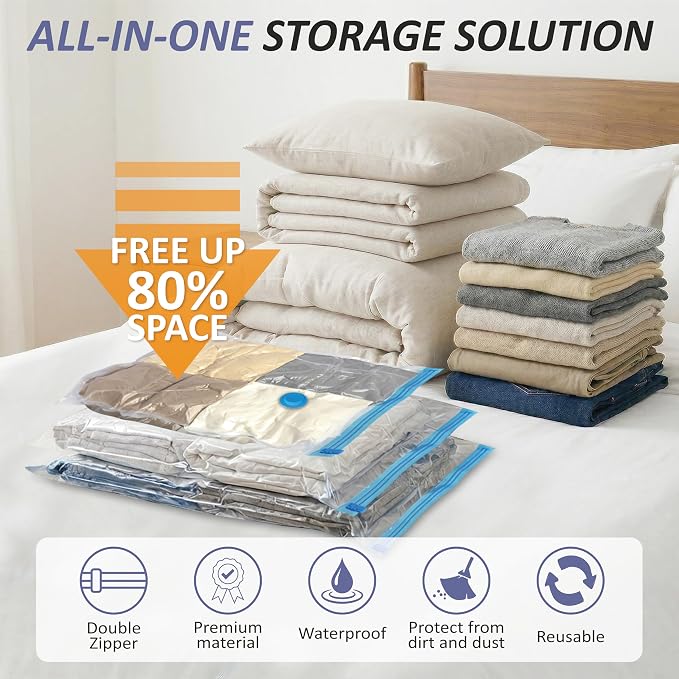 Vacuum Storage Bags with Hand Pump, Vacuum Seal Space Saver Bags,25 Combo | 80% Space-Saving Bags for Clothing, Blankets, Pillows, Bedding & Comforters; Multi-Size Variety Pack for Home & Travel