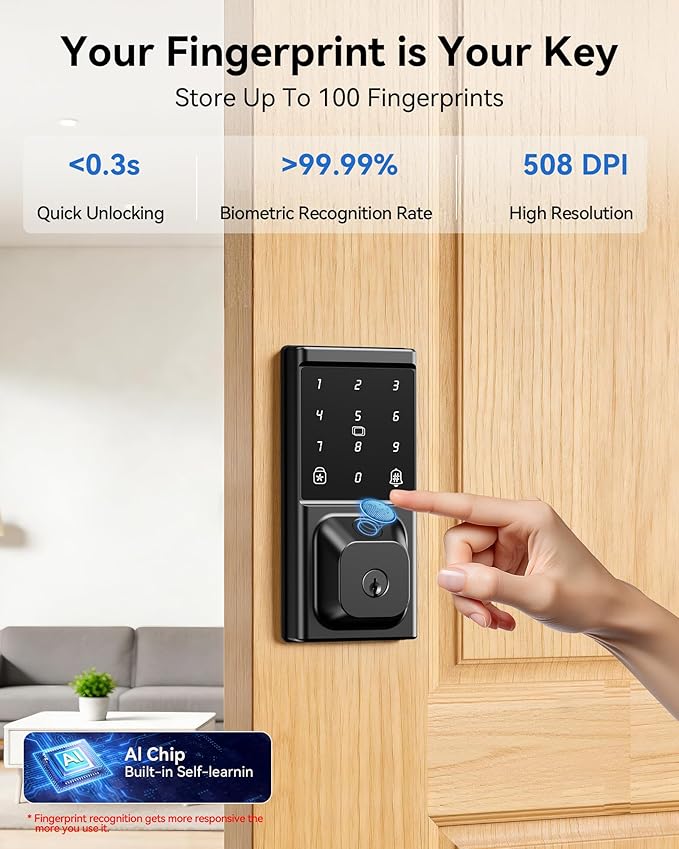 Smart Deadbolt Lock, Keyless Entry Door Lock, Fingerprint, Electronic Touchscreen Keypad, APP Control, Temporary Passcode, Auto Lock, IP54 Waterproof, Easy Install for Front Door