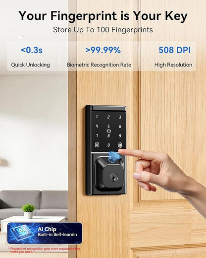 Smart Deadbolt Lock, Keyless Entry Door Lock, Fingerprint, Electronic Touchscreen Keypad, APP Control, Temporary Passcode, Auto Lock, IP54 Waterproof, Easy Install for Front Door