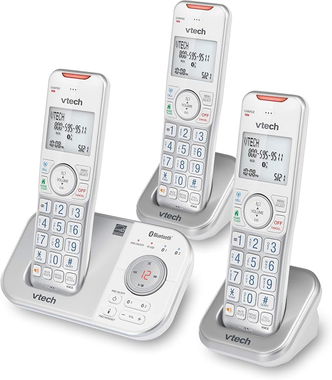 VTech VS112-37 DECT 6.0 Bluetooth 3 Handset Cordless Phone for Home with Answering Machine, Call Blocking, Caller ID, Intercom and Connect to Cell (Silver & White)