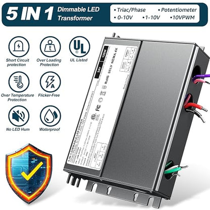 Dimmable LED Driver 24V 120W, 5-1 LED Transformer Compatible with Lutron and Leviton Dimmer Switch,Smooth Flicker Free Dimming, ETL& Class 2& FCC Certified, Triac/0-10V/RX/1-10V Dimmable Power Supply