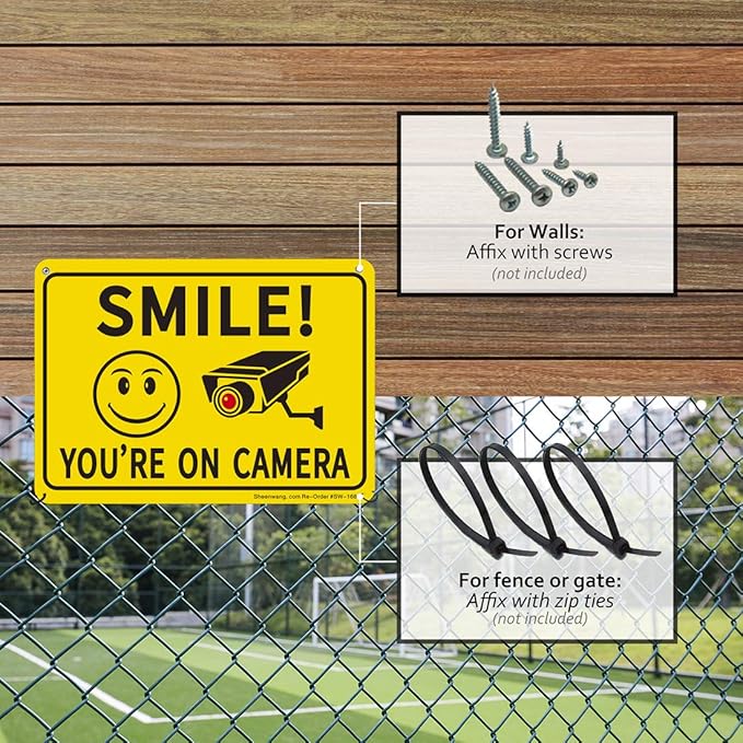 Sheenwang 2-Pack Smile You’re on Camera Sign, Video Surveillance Signs Outdoor, UV Printed .040 Mil Rust Free Aluminum 10 x 7 in, Security Camera Sign for Home, Business, Driveway Alert, CCTV