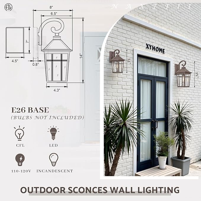 Porch Lights Outdoor 14 Inch Height Exterior Lighting Fixtures ORB Finish and Water Ripple Glass Outside Lights for House Garage and Garden E26 Socket