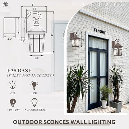 Porch Lights Outdoor 14 Inch Height Exterior Lighting Fixtures ORB Finish and Water Ripple Glass Outside Lights for House Garage and Garden E26 Socket