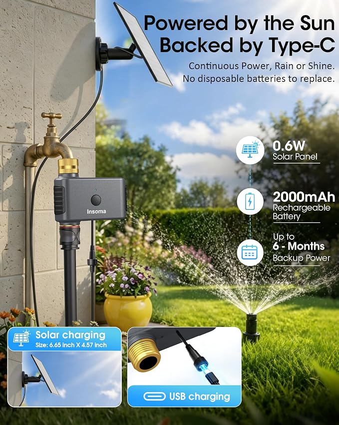 Insoma Solar WiFi Water Timer for Garden, 365-Day Power, Brass Inlet&Outlet | Solar Panel+Type-C Dual Power, APP&Voice Control, Alexa/Google Compatible, Rain Delay+Manual Mode, WiFi Direct, 2.4GHz, IPX6