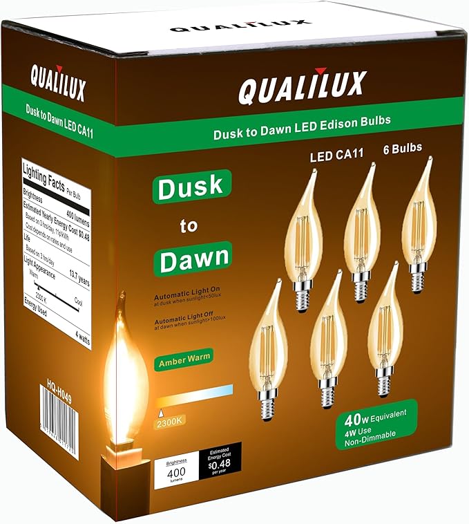 Qualilux Dusk to Dawn Candelabra LED Bulbs CA11, Vintage Full Amber Glass, Non-Plastic, Warm Amber 2300K, 4W=40W, 400LM Auto On/Off Light Sensing Bulb, Non-dimmable, E12 Base, 6-Pack, HQ-H049