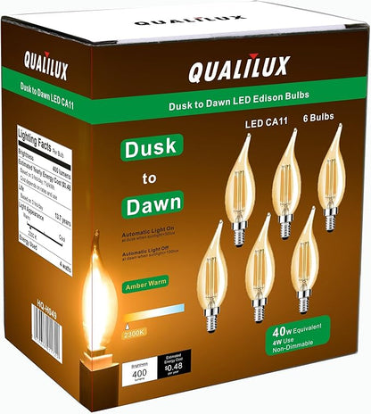 Qualilux Dusk to Dawn Candelabra LED Bulbs CA11, Vintage Full Amber Glass, Non-Plastic, Warm Amber 2300K, 4W=40W, 400LM Auto On/Off Light Sensing Bulb, Non-dimmable, E12 Base, 6-Pack, HQ-H049