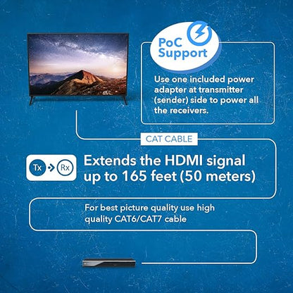 OREI 4K 1x2 HDMI Over ethernet Extender Splitter Over CAT6/7 ethernet Cable 4K@30Hz up to 165 ft - 1 in 2 Out, 1080P@60Hz Upto 230 ft, PoC, IR Control, EDID, HDMI Loop Out (HD12-EX165-K)