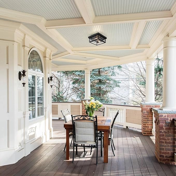 CALOKES Outdoor Flush Mount Motion Sensor Ceiling Light - Timeless Industrial Design with Seeded Clear Glass for Your Porch, Driveway, Covered Patio, Farmhouse, and Entryway
