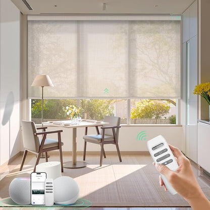 HeyBlinds Motorized Solar Shades with Remote, Light Filtering Mesh Roller Shades, Flame Retardant Smart Blinds, UV Blocking, Alexa Google HomeKit Compatible, Custom Size (Linen Grid-5% Openness)
