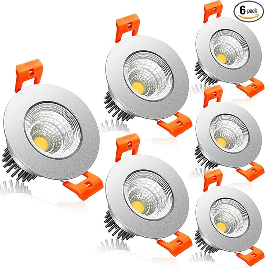 LightingWill 2Inch LED Recessed Ceiling Light, 3W Dimmable LED Downlight, Daylight White 5000K-5500K, 60 Beam Angle COB Recessed Lights with Driver, 25W Halogen Bulbs, Silver 6Pack
