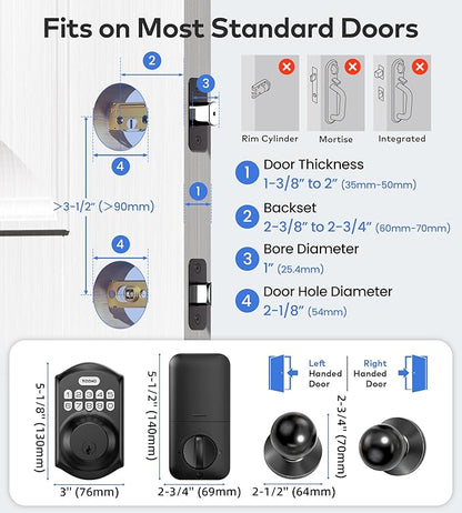 TEEHO TE001K Keyless Entry Door Lock with Handle, Electronic Keypad Deadbolt with 2 Knobs, High-Security Front Door Handle Set for Home & Rental, Smart Auto-Locking, Easy Install, Matte Black