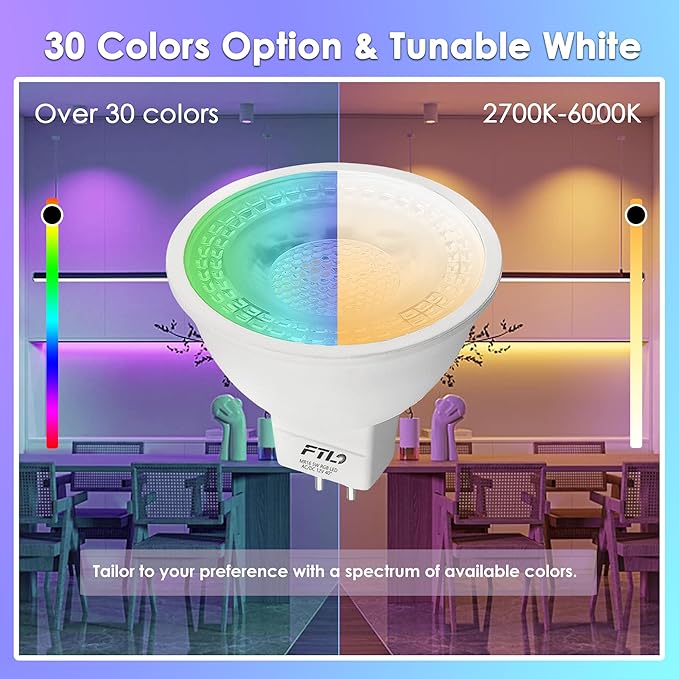 FTL MR16 LED Bulb Color Changing Light Bulbs with Remote Control,RGB Colored Bulbs Dimmable 2700K-6000K 12V 5W 40W Equivalent GU5.3, Spot Light for Landscape Lighting, Track Lighting, 6-Pack