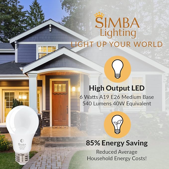 Simba Lighting LED Outdoor Light Bulbs with Photocell Sensor Dusk to Dawn Smart Auto On and Off (2 Pack) A19 6W 40W Replacement for Porch, Night Light, Garage Door, E26 Medium Base, 2700K Warm White
