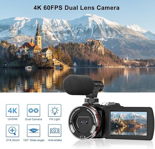 Video Camera, Camcorder 4K, 64MP 30FPS Dual Lens Camera with Wireless Mic for Vlogging YouTube, Ultra HD 3 Inch Screen 21X Digital Zoom, Video Recorder Camera with 64GB SD Card