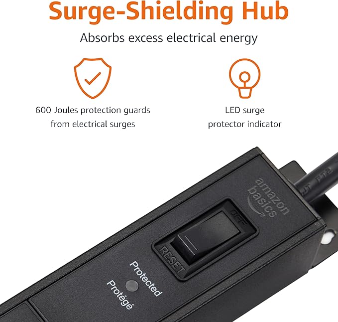 Amazon Basics Surge Protector Power Strip, 12-Outlet, Heavy Duty, Metal, 600 Joules, 6ft Extension Cord, Wide Spaced, Mountable, Black