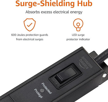 Amazon Basics Surge Protector Power Strip, 12-Outlet, Heavy Duty, Metal, 600 Joules, 6ft Extension Cord, Wide Spaced, Mountable, Black