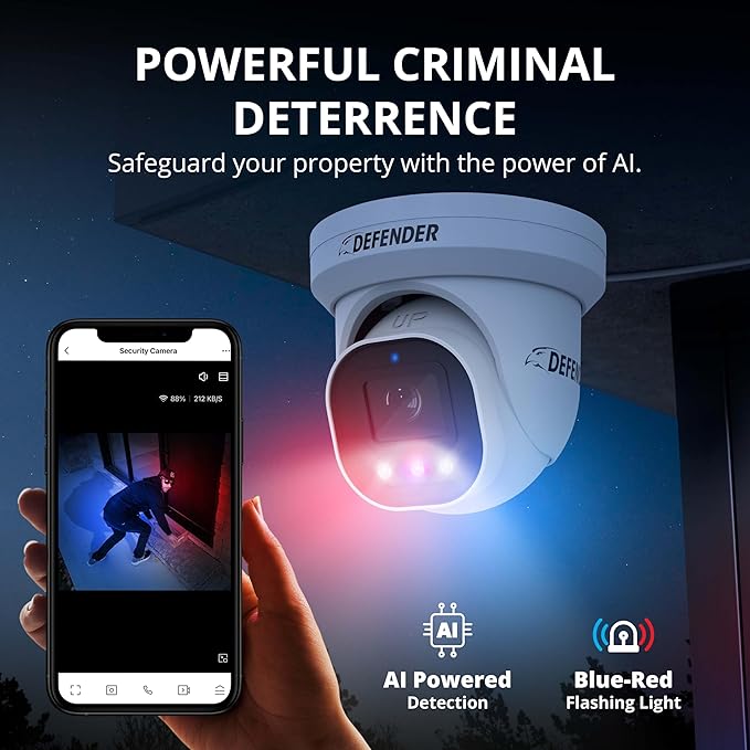 Defender AI Powered Sentinel Pro Turret 8CH NVR PoE Security Camera System, 8pc Metal Turret Cameras, 109° Wide Angle, IP66 Rated, Audio Recording, Web Viewing, 1TB HDD, Works w/Empower App