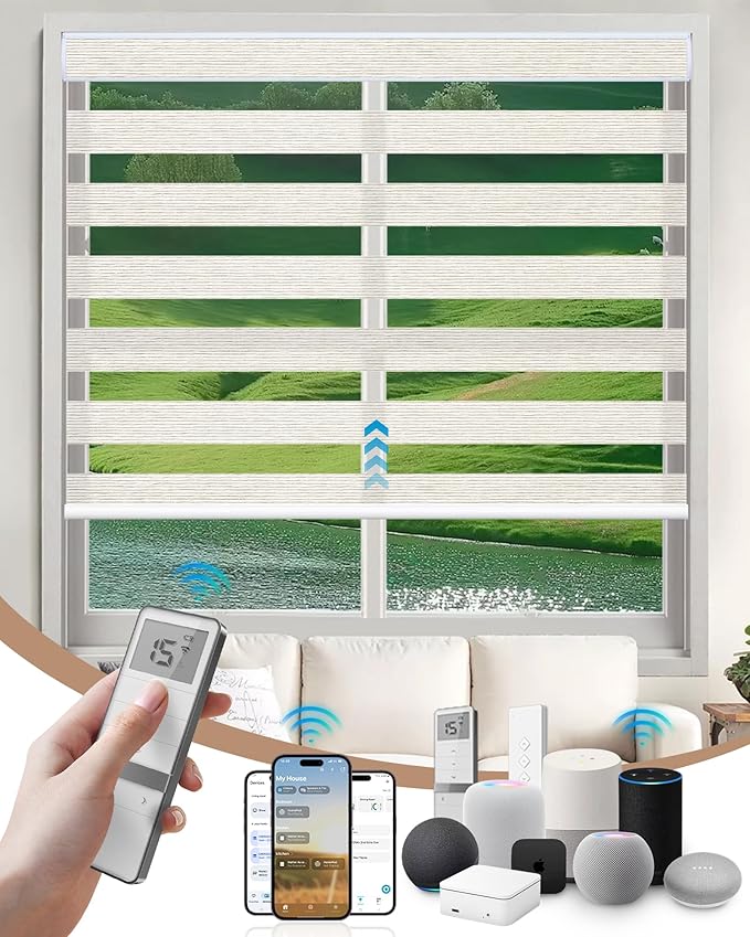 Kincmo Motorized Blinds with Remote, Motorized Zebra Shades Work with Apple Homekit,Alexa,Google Home, Customized Electric Blinds with Remote,App,Voice Control (60% Blackout Monet Beige)