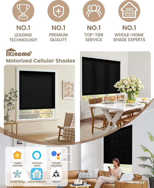 Kincmo Motorized Cellular Shades, Custom Motorized Blinds with Remote, Cordless Smart Electric Honeycomb Blinds Work with Apple HomeKit, Alexa, Google (75%-Blackout-Single-Cell Black)