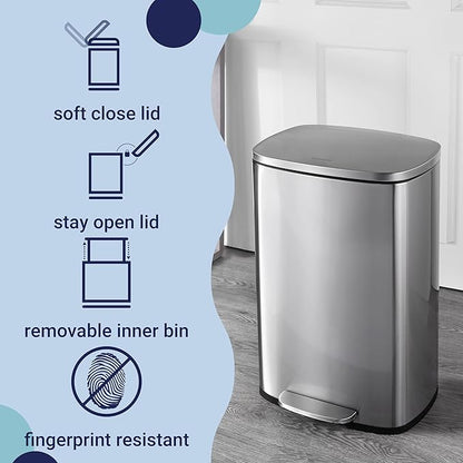 happimess HPM1006A Connor Rectangular 13-Gallon Trash Can with Soft-Close Lid and Free Mini Trash Can, Fingerprint Resistant, Modern, Minimalistic for Home, Kitchen, Office, Bathroom, Steel