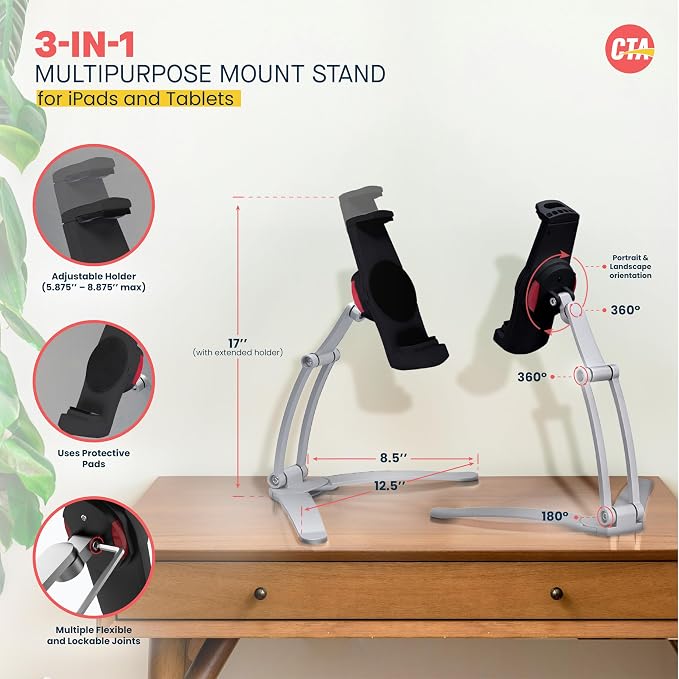 3-in-1 Mount Stand – CTA Multi-Flex Tablet Base and Support Installs on Walls or Folds for iPad 10th Gen 10.9" - 7/8/9 Gen 10.2” - Air 4 - Pro 11” - Galaxy Tab S3 - Silver (PAD-KMSB)