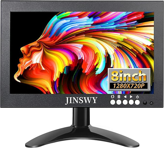8" Mini Security Monitor, Portable 1280x720 Metal Screen, HDMI/VGA/AV/BNC Input, Built-in Speakers & Remote, for CCTV Surveillance and Security Systems