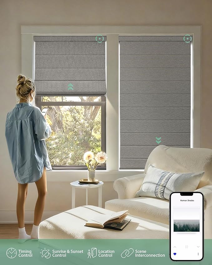 Yoolax Motorized Roman Shades with Remote, Smart Roman Shades for Indoor Windows, Blackout Automatic Blinds Work with Alexa, Google, Apple Homekit for Living Room Bedroom, Customized (Wood Stripe)