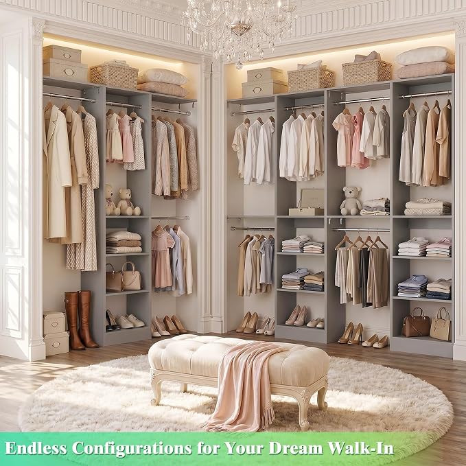 Besiost 4FT Small Closet Organizer System with 4 Hanging Rods & 3 Shelves | 48" Closet System for Small Closets, 80" H Small Closet Organizers and Storage for Bedrooms, Cloakrooms, Gray
