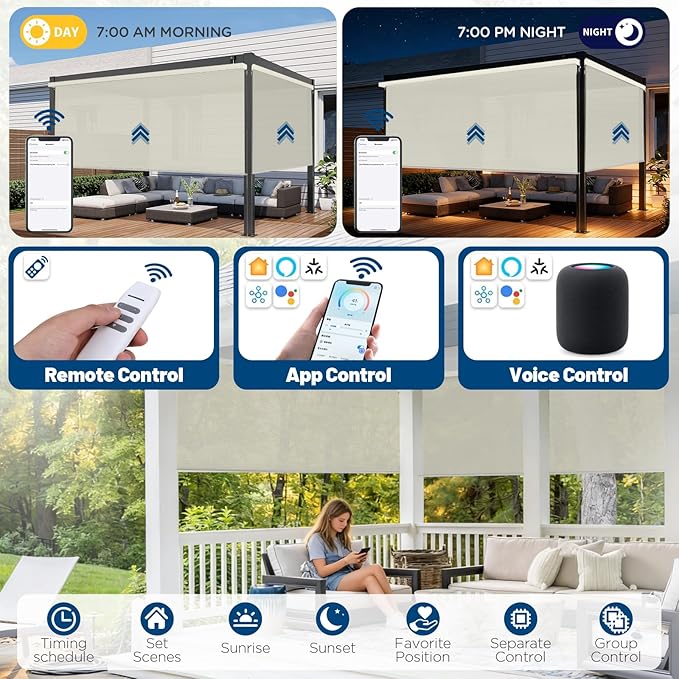 Motorized Outdoor Shades, Custom Patio Roller Blinds with Remote, Smart Exterior Sun Shades Compatible with Alexa, HomeKit, Google Home (1% Openness Beige)