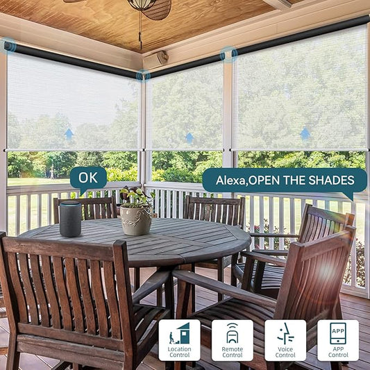 Motorized Outdoor Roller Shades,Patio Roll Up Blind Work with Alexa,Google Home,Apple Homekit,Remote Control Sun Shade,Waterproof &Windproof Smart Blinds for Porch,Sirus Grey, 5% Openness