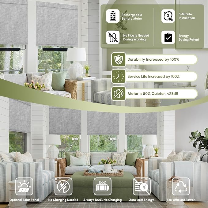 FineTell Motorized Blinds with Remote, 100% Blackout Roller Shades Compatible with Alexa,Apple Homekit,Google Home APP and Voice Control, Customized Electric Blinds (100% Blackout Dual Sided Grey)