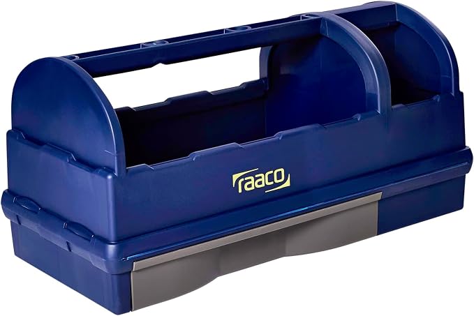 Raaco Open Portable Tool Box Organizer with Handle - Hand-Held Storage | Plastic Polypropylene Toolbox with 3 Compartments & Built-in Drawer, Hand-Held Storage Carrier, 55 lb Load Capacity, workshop