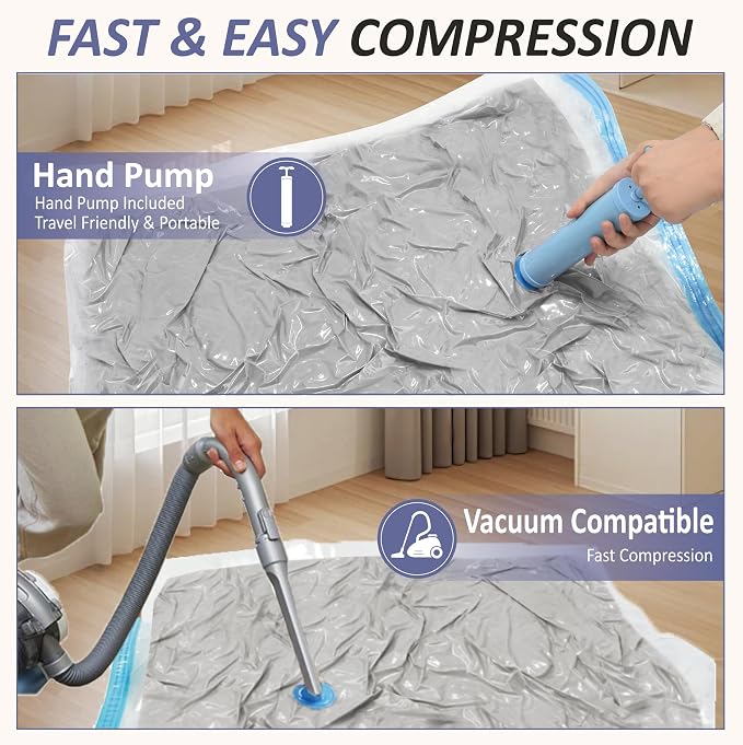 Vacuum Storage Bags with Hand Pump, Vacuum Seal Space Saver Bags,25 Combo | 80% Space-Saving Bags for Clothing, Blankets, Pillows, Bedding & Comforters; Multi-Size Variety Pack for Home & Travel