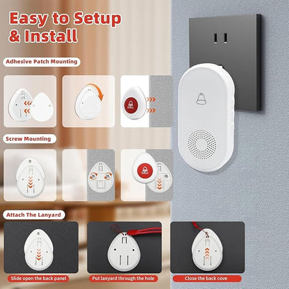 Wireless Caregiver Pager SOS Call Button for Elderly Monitoring 1000+ Feet Life Alert，Emergency Alert System Call Bell for Nurse Patient Disabled 2 Waterproof Transmitter & 2 Plugin Receiver