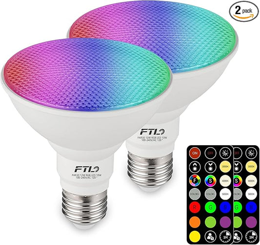 FTL PAR30 LED Color Changing Light Bulb with Remote Control, RGB Dimmable Colored Light Bulbs 10W=65W, 2700K-6000K, 30 Colors, Timer, Indoor Flood Light Bulbs for Recessed Can Lighting 2-Pack