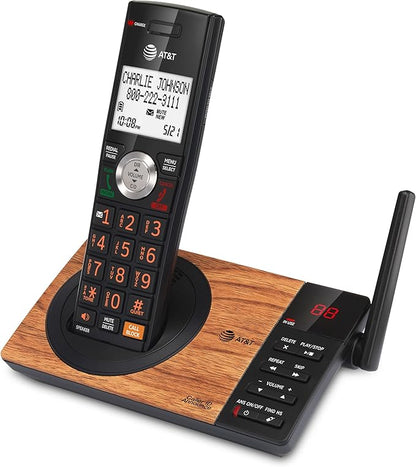 AT&T CL82167 Cordless Phone with Answering Machine, Call Blocking, Caller ID Announcer, Intercom and Long Range, Black & Wood Grain Finish
