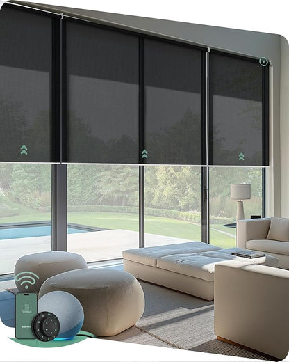 Yoolax Smart Coupled Solar Shades Compatible with Alexa, Motorized Blinds with Remote Flame Retardant Coupled Roller Shades for X-Large Windows, Custom Size (XL - 5% Openness Black)