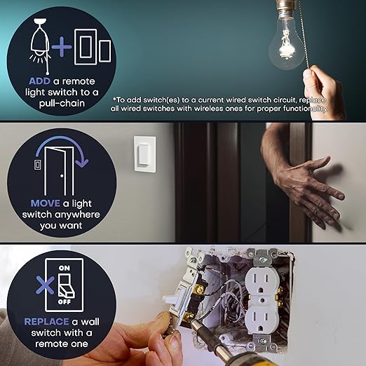 RunLessWire Single Pole Detachable Battery-Free Wireless Light Switch Kit 150ft RF Range for DIY Home Electrical Projects: 1 Removable Magnetic Remote Switch Controls 1 5A On/Off Receiver - White